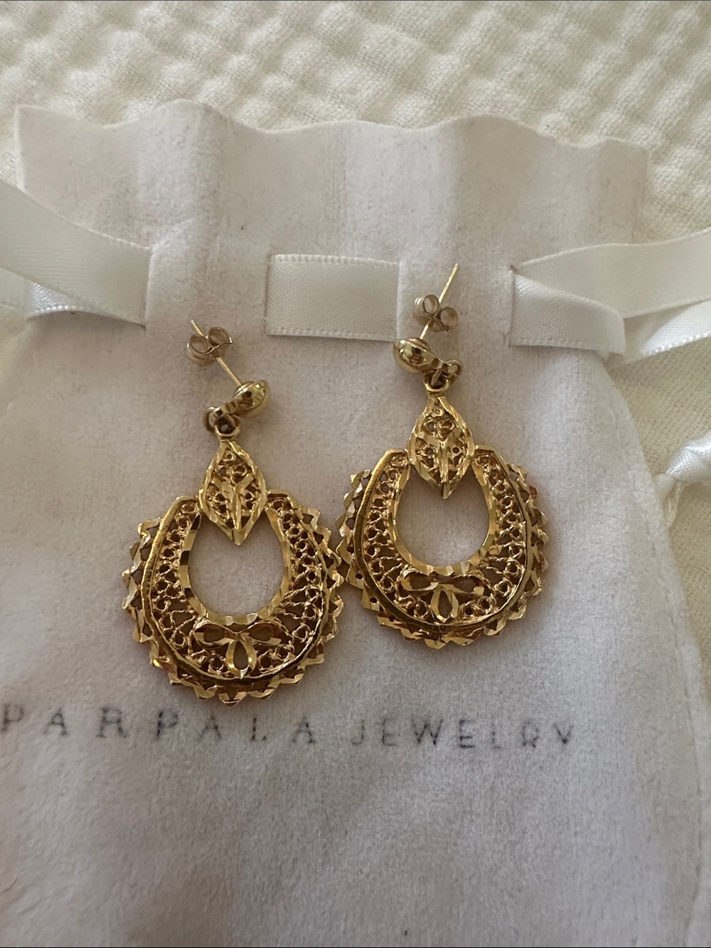 Delicate Gold Filigree Hoop Drop Earrings